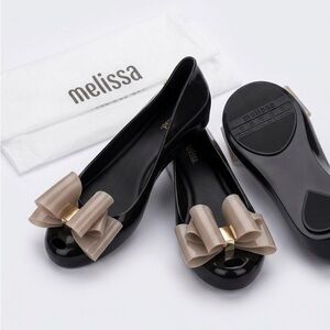 Melissa Women’s Black Jelly Ballet Flats with Taupe Bow size 9